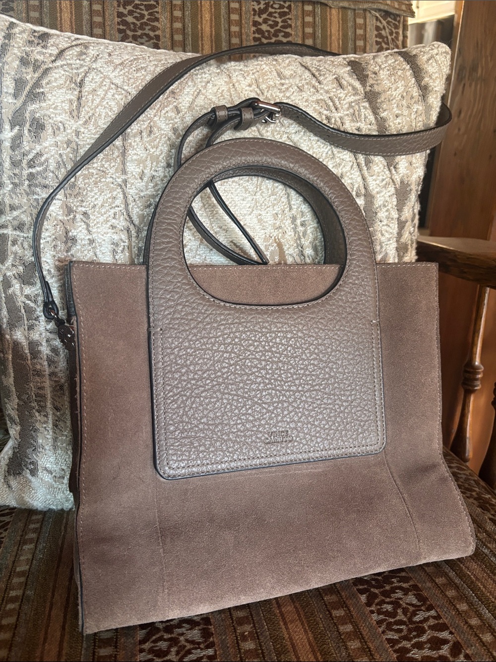 Vince Camuto Taupe Suede and Pebbled Leather Crossbody Tote